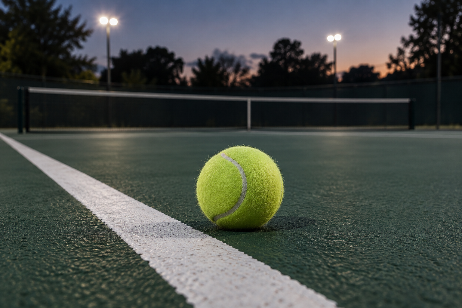 Pelota de tenis junto a una línea blanca en una pista verde iluminada al anochecer